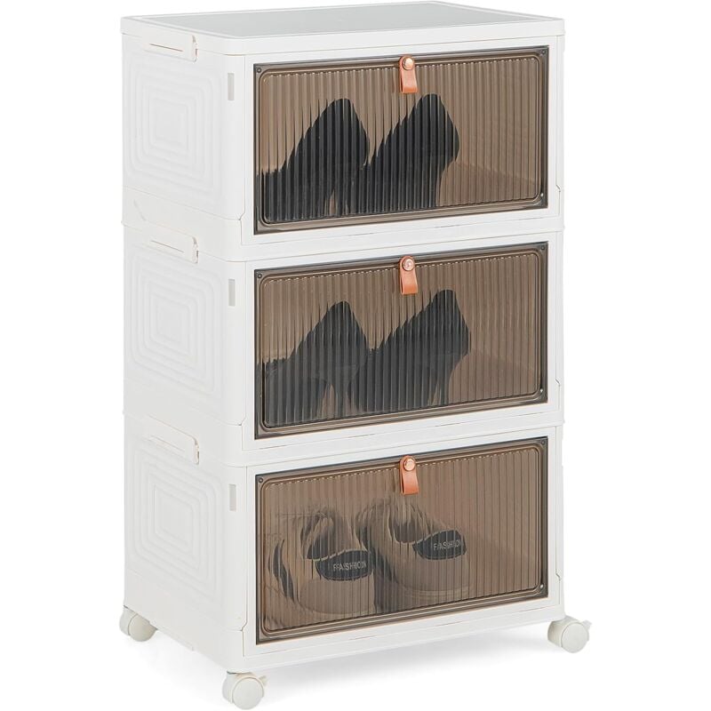 foto del prodotto scarpiera pieghevole a 3 4 6 piani, mobile multiuso impilabile con porte trasparenti magnetiche e ruote piroettanti bloccabili, contenitore con