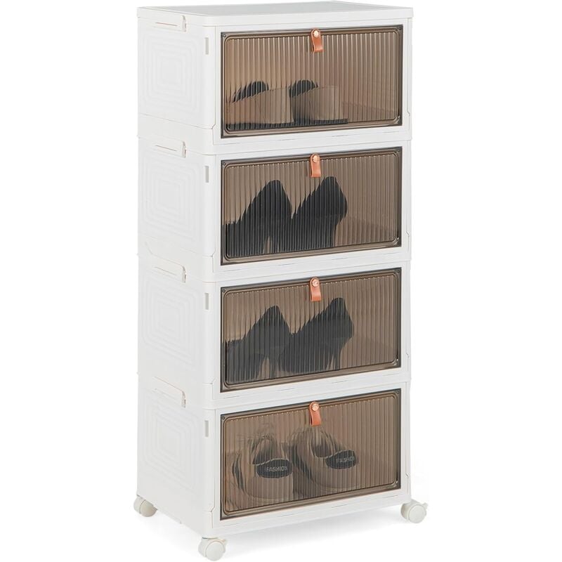 foto del prodotto scarpiera pieghevole a 3 4 6 piani, mobile multiuso impilabile con porte trasparenti magnetiche e ruote piroettanti bloccabili, contenitore con