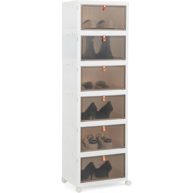 foto del prodotto scarpiera pieghevole a 3 4 6 piani, mobile multiuso impilabile con porte trasparenti magnetiche e ruote piroettanti bloccabili, contenitore con