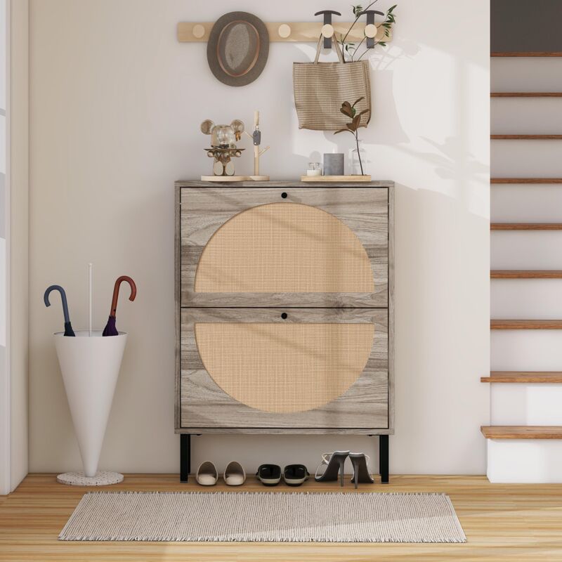 foto del prodotto scarpiera retr grigia con due ante, frontali semicircolari intercambiabili e superficie in rattan, lunghezza 60 cm, con pannello posteriore, adatta