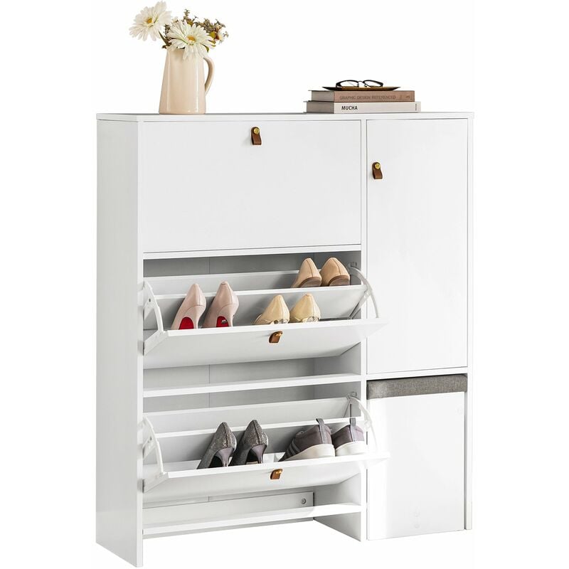 foto del prodotto scarpiera ribaltabile con 3 ribalte scarpiera con 6 ripiani scarpiera con sedia mobile ingresso 95x30x113 cm fsr107 w sobuy