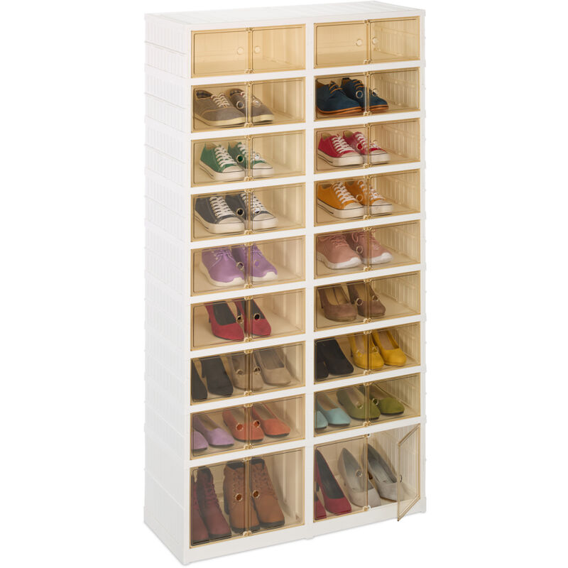foto del prodotto scarpiera salvaspazio in plastica pieghevole, hlp 169 x 86,5 x 34,5 cm, 36 paia scarpe, ruote, bianco marrone relaxdays