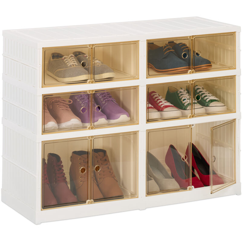 foto del prodotto scarpiera salvaspazio in plastica pieghevole, hlp 66,5x86,5x34,5 cm, 12 paia scarpe, ruote, bianco marrone relaxdays