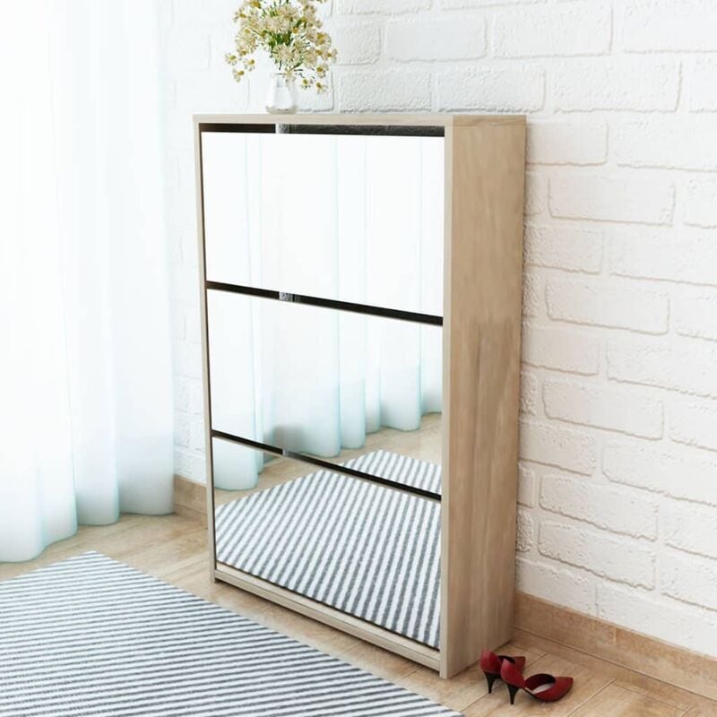 foto del prodotto scarpiera salvaspazio portascarpe mobili per scarpe a 3 strati con specchio rovere 63x17x102,5 cm mci594599 bonnevie