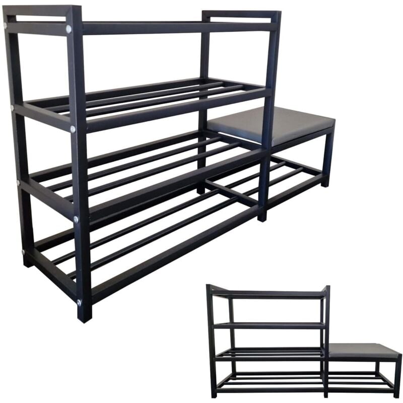 foto del prodotto scarpiera salvaspazio slim, 128 cm, 3 ripiani in metallo nera, organizer per scarpe diverse misure, con panca seduta, ideale per ingresso e camera da
