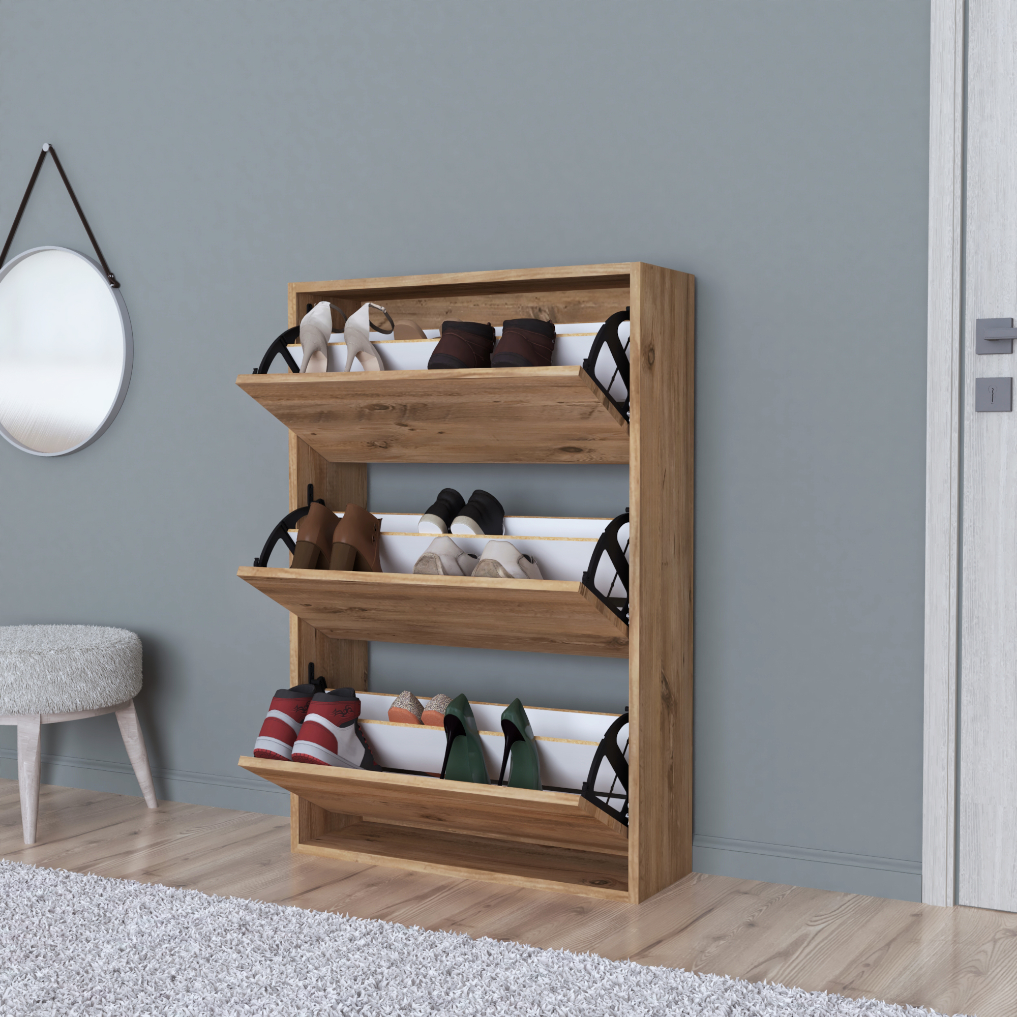 foto del prodotto scarpiera salvaspazio slim con 3 contenitori ribaltabili portascarpe stretto da ingresso capienza 18 paia 110 x 73,5 x