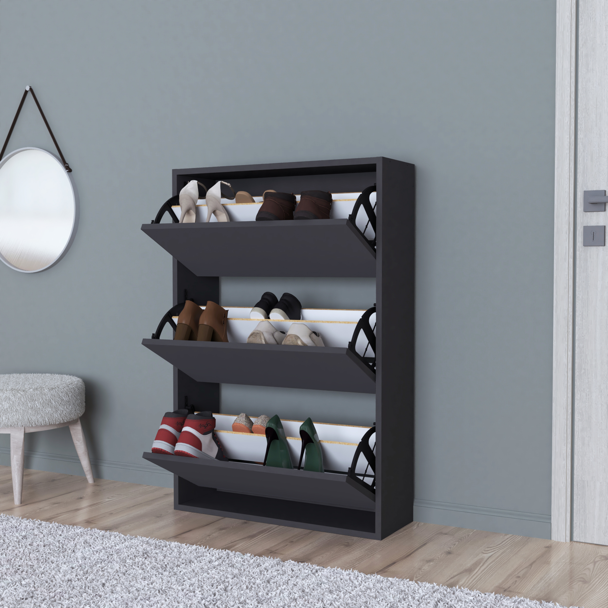 foto del prodotto scarpiera salvaspazio slim con 3 contenitori ribaltabili portascarpe stretto da ingresso capienza 18 paia 110 x 73,5 x
