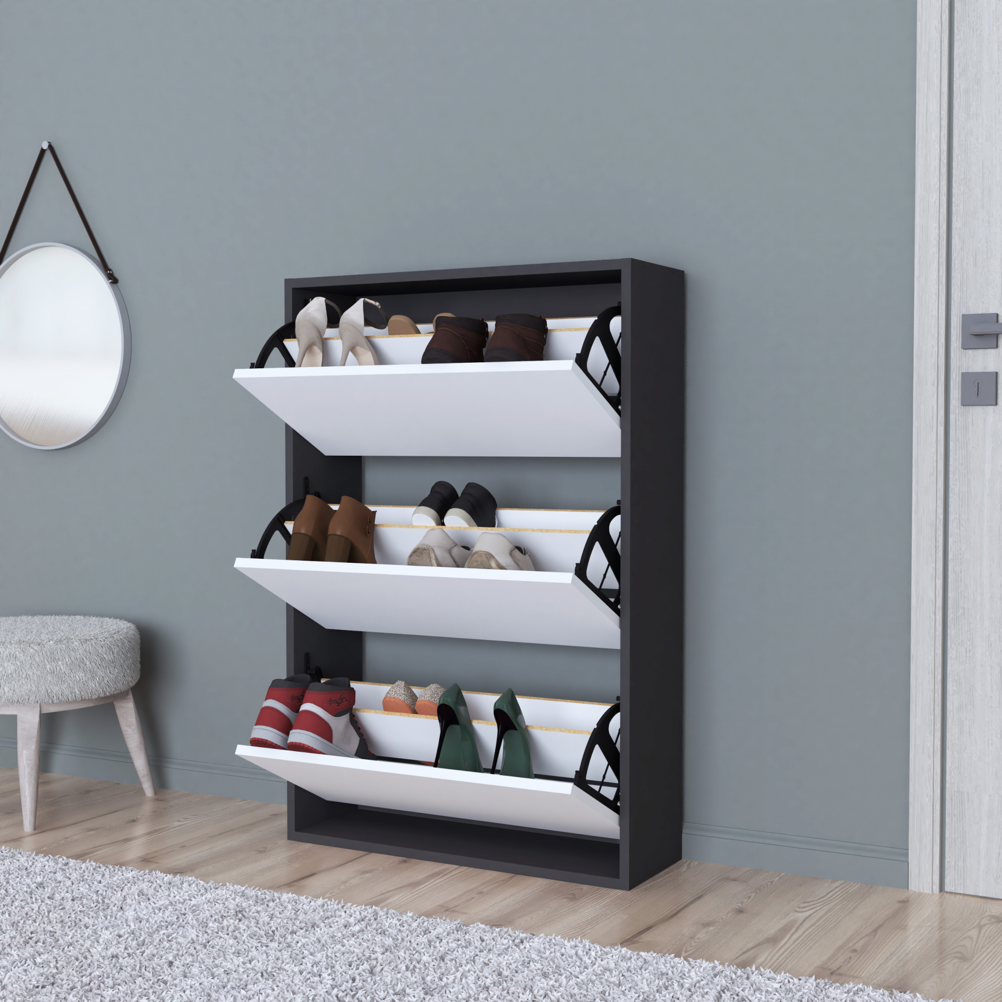 foto del prodotto scarpiera salvaspazio slim con 3 contenitori ribaltabili portascarpe stretto da ingresso capienza 18 paia 110 x 73,5 x