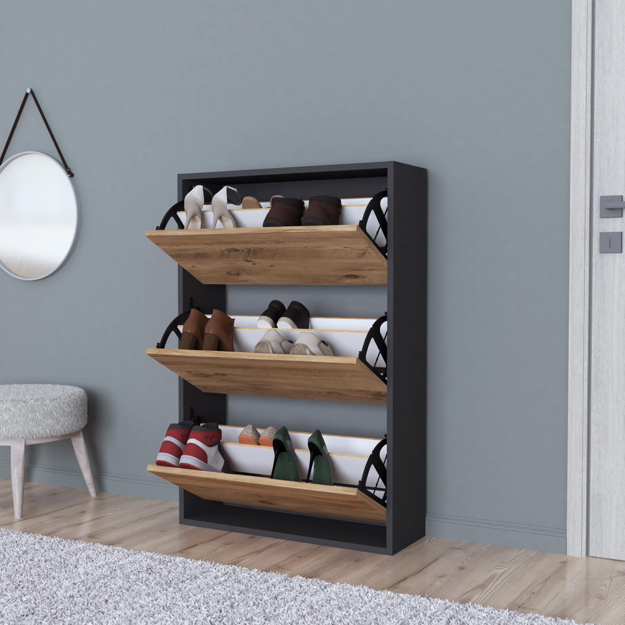 foto del prodotto scarpiera salvaspazio slim con 3 contenitori ribaltabili portascarpe stretto da ingresso capienza 18 paia 110 x 73,5 x