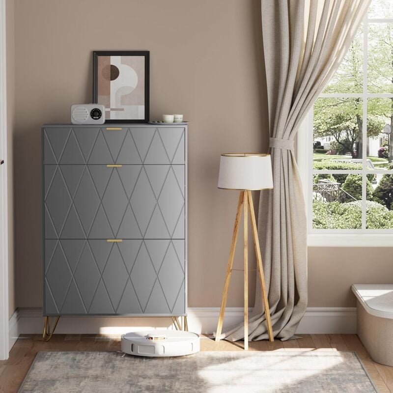 foto del prodotto scarpiera salvaspazio slim in legno, scarpiera ingresso portascarpe con 3 ante a ribalta, porta scarpe per 16 paia, 80 x 24 x 120 cm, colore grigio