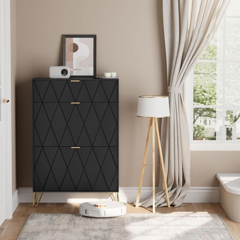 foto del prodotto scarpiera salvaspazio slim in legno, scarpiera ingresso portascarpe con 3 ante a ribalta, porta scarpe per 16 paia, 80 x 24 x 120 cm, colore nero