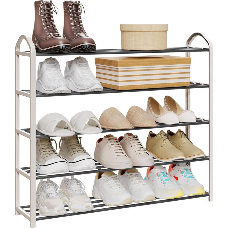 foto del prodotto scarpiera scaffale per scarpe portascarpe organizer in acciaio plastica crema 5 ripiani woltu