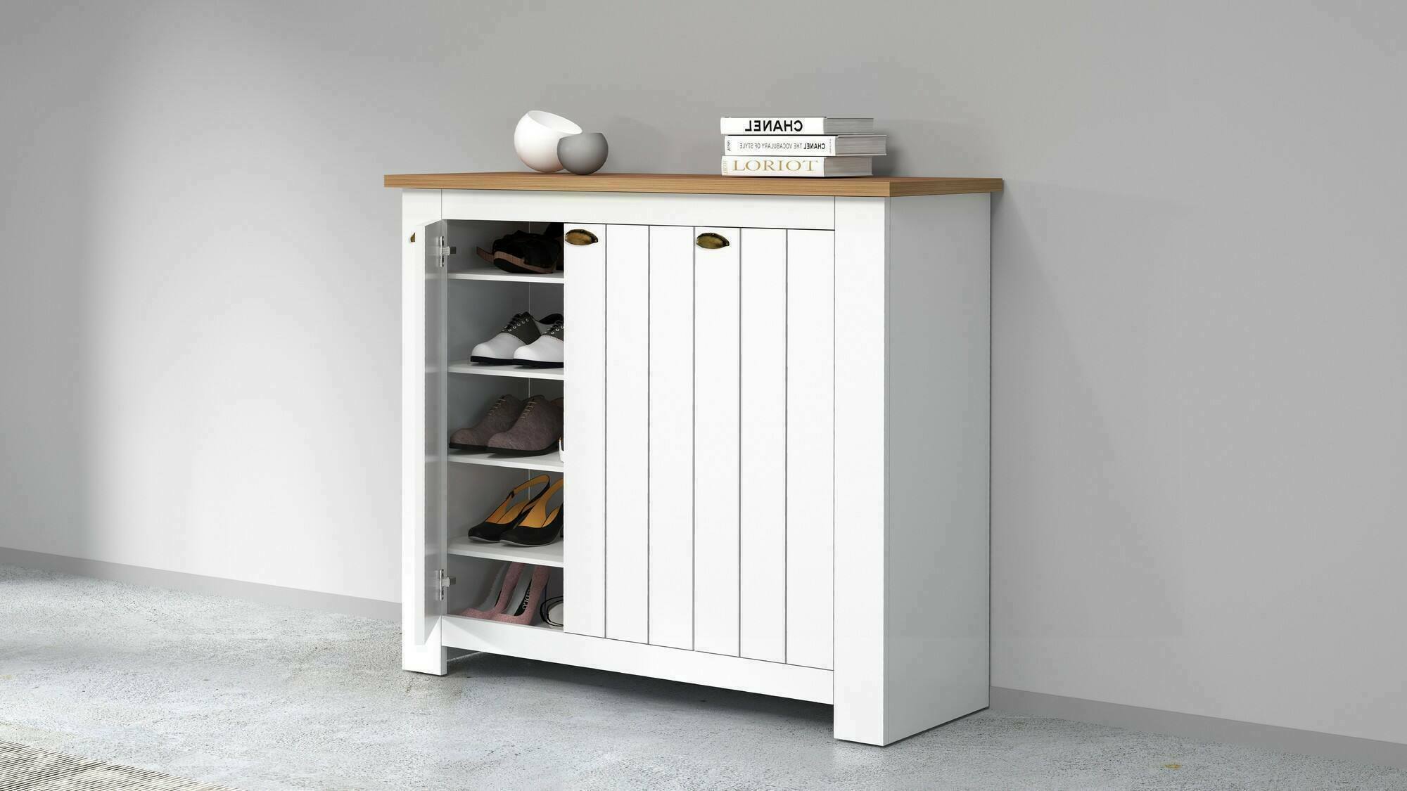 foto del prodotto scarpiera seprio, porta scarpe salvaspazio a 3 ante, armadio multifunzione da ingresso, 114x42h100 cm, bianco e rovere