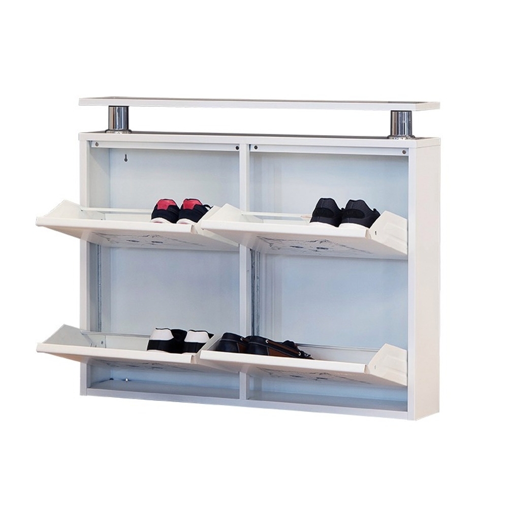 foto del prodotto scarpiera slim a 4 ante orizzontale bianca con utile ripiano d appoggio 15x98x70 cm 8 12 paia di scarpe montate
