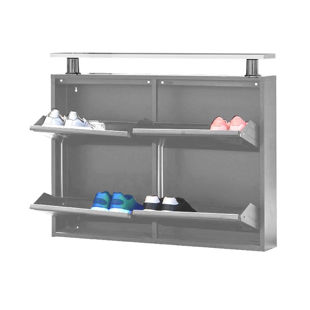foto del prodotto scarpiera slim a 4 ante orizzontale grigia con utile ripiano d appoggio 15x98x70 cm 8 12 paia di scarpe montate