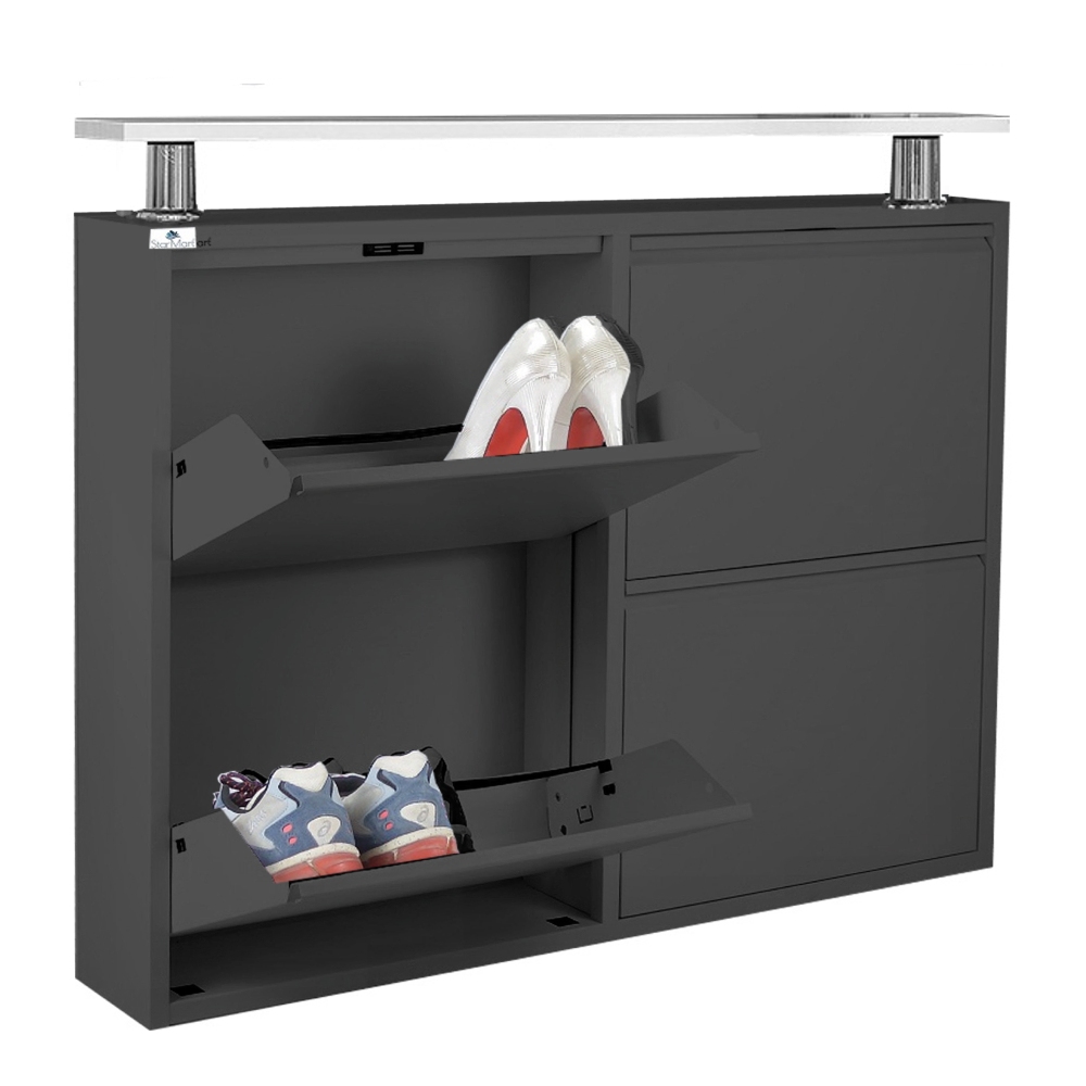 foto del prodotto scarpiera slim a 4 ante orizzontale nera con utile ripiano d appoggio 15x98x70 cm 8 12 paia di scarpe montate