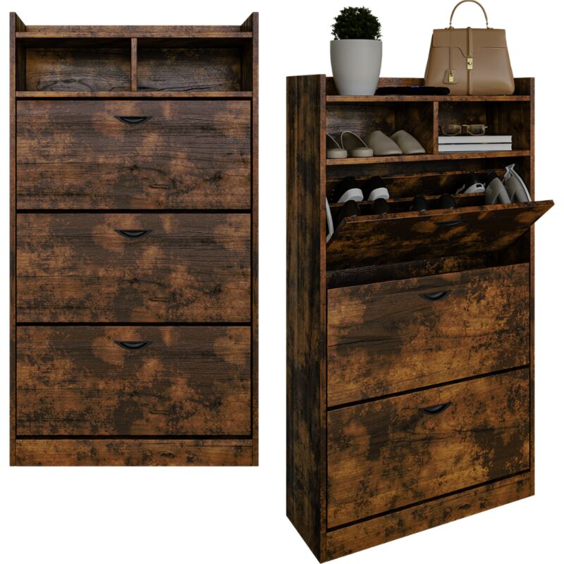 foto del prodotto scarpiera slim salvaspazio da ingresso 3 ante doppie a ribalta e 2 vani a giorno mobile porta scarpe in legno melaminico 63x24x120 design industrial