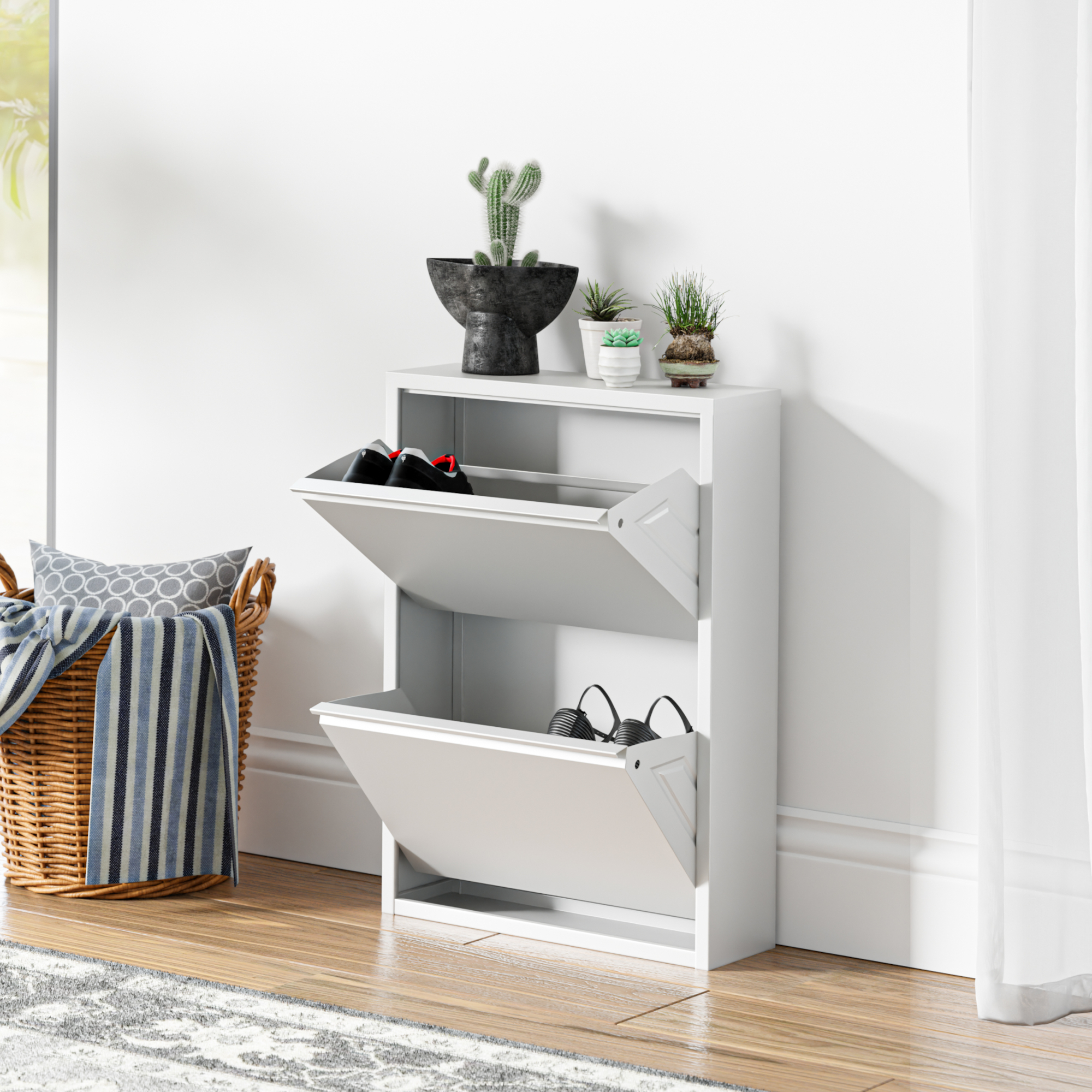 foto del prodotto scarpiera sokndal con 2 contenitori ribaltabili portascarpe in metallo bianco en.casa 