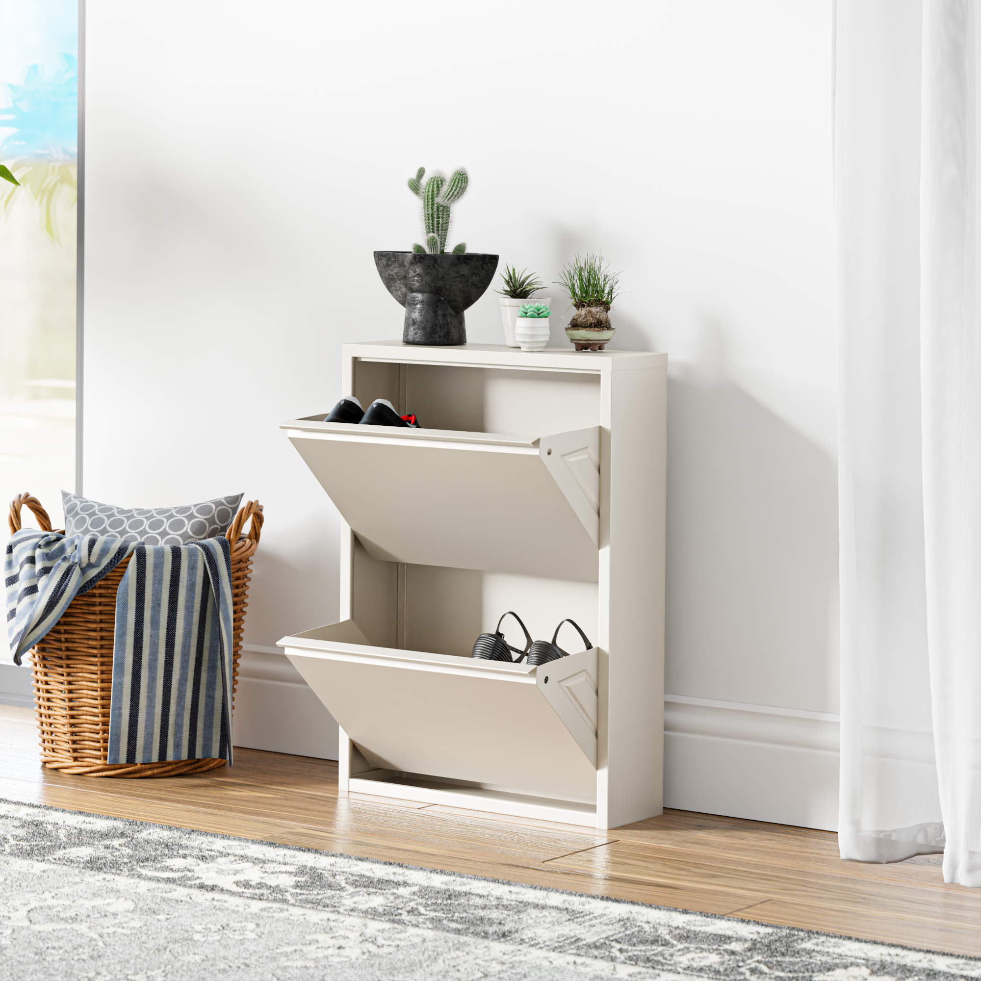 foto del prodotto scarpiera sokndal con 2 contenitori ribaltabili portascarpe in metallo bianco pepe en.casa 