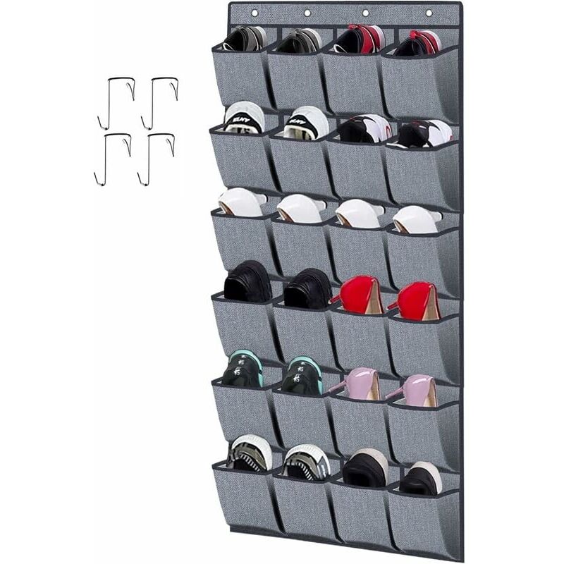 foto del prodotto scarpiera sopra la porta con 24 tasche, portascarpe, organizer pieghevole per riporre le scarpe con ganci, grigio lino