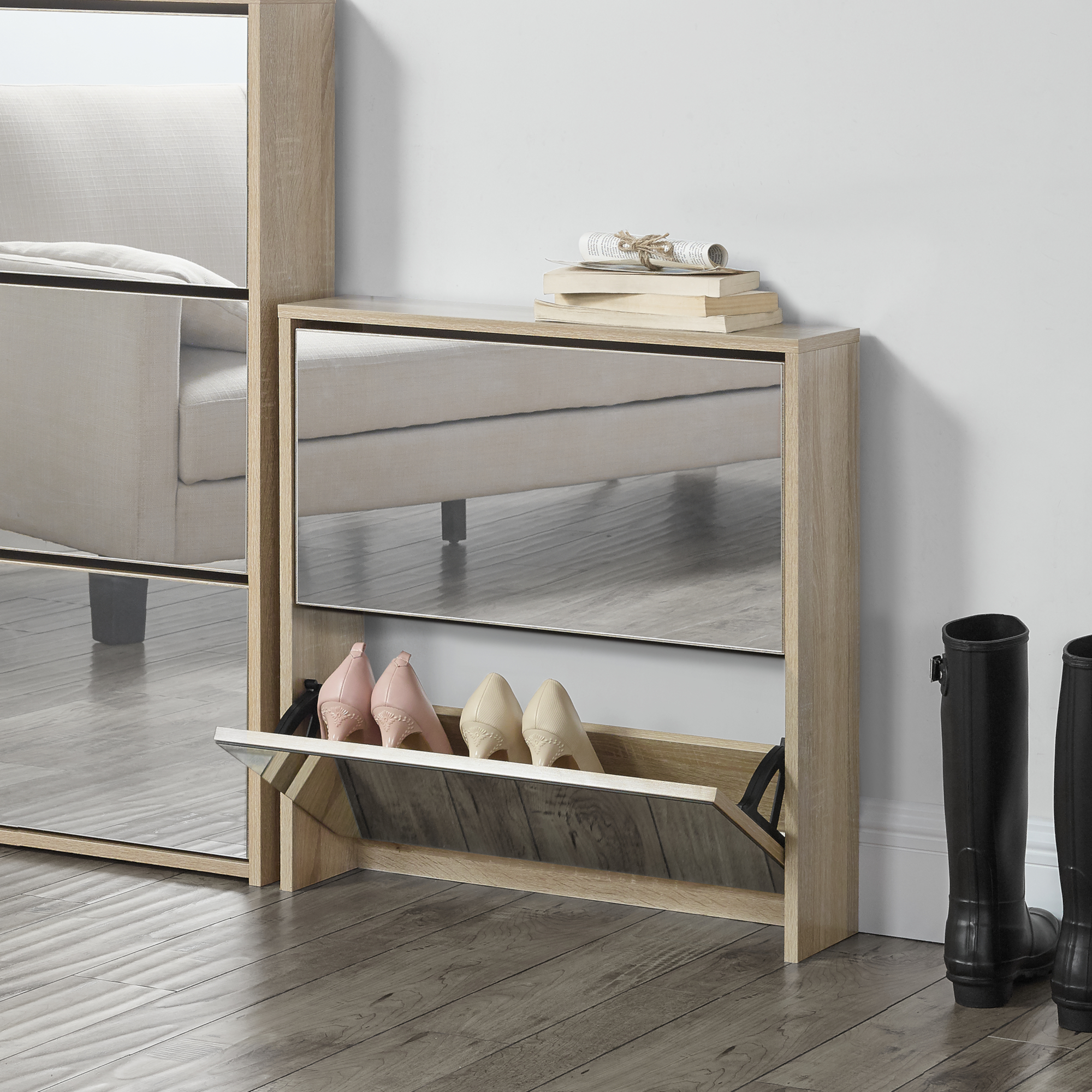 foto del prodotto scarpiera stretta lund con ante a specchio e 2 contenitori ribaltabili effetto rovere sonoma en.casa 