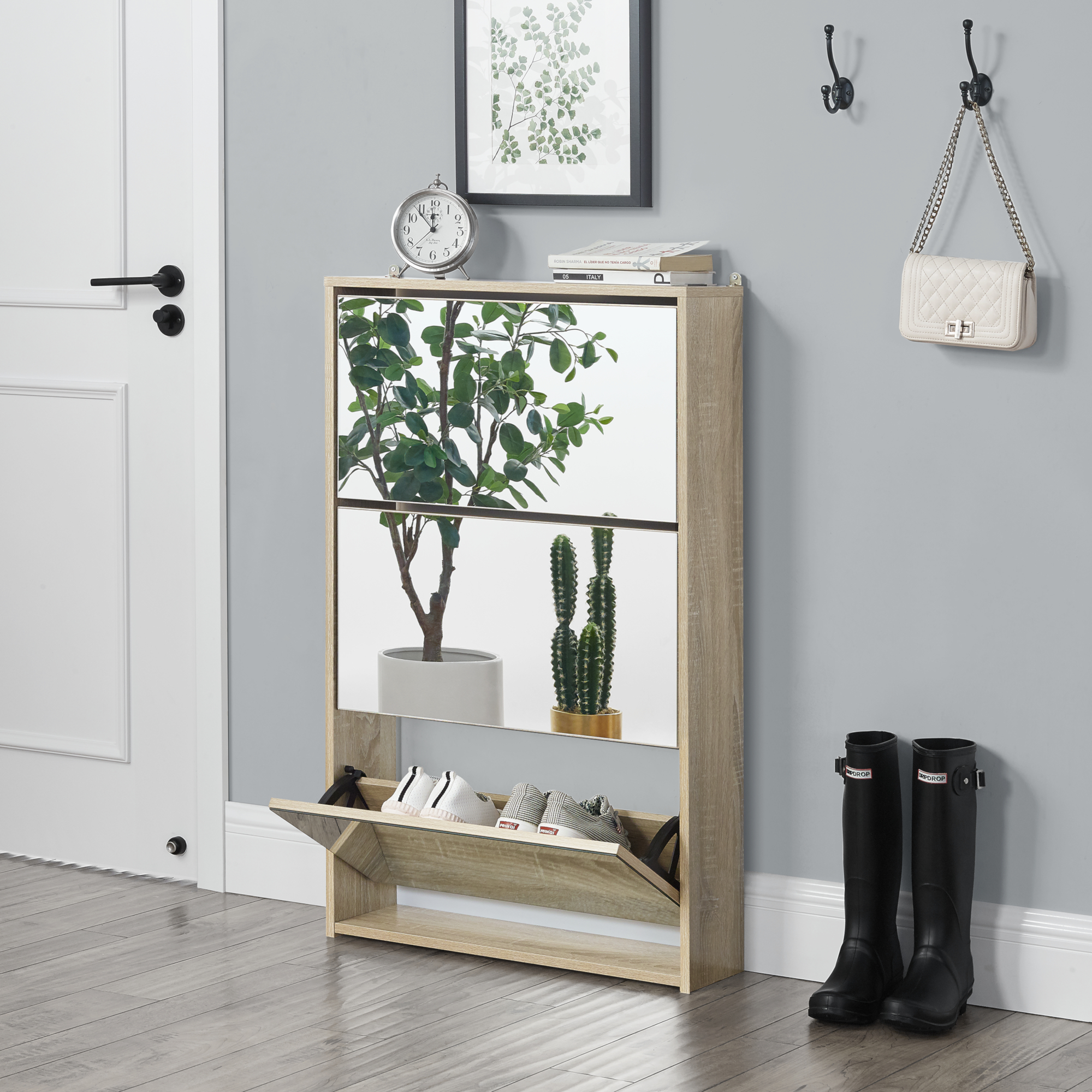 foto del prodotto scarpiera stretta lund con ante a specchio e 3 contenitori ribaltabili effetto rovere sonoma en.casa 