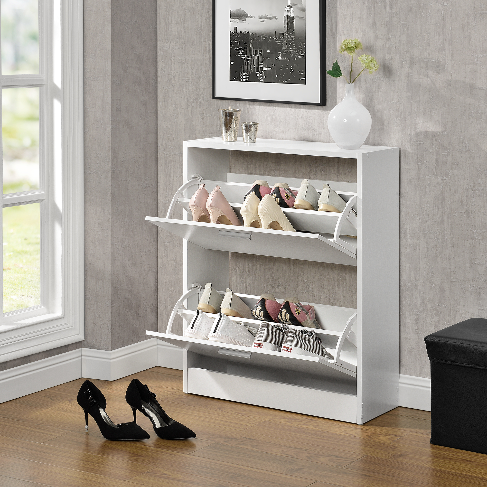foto del prodotto scarpiera sykkylven con 2 contenitori ribaltabili bianco en.casa 