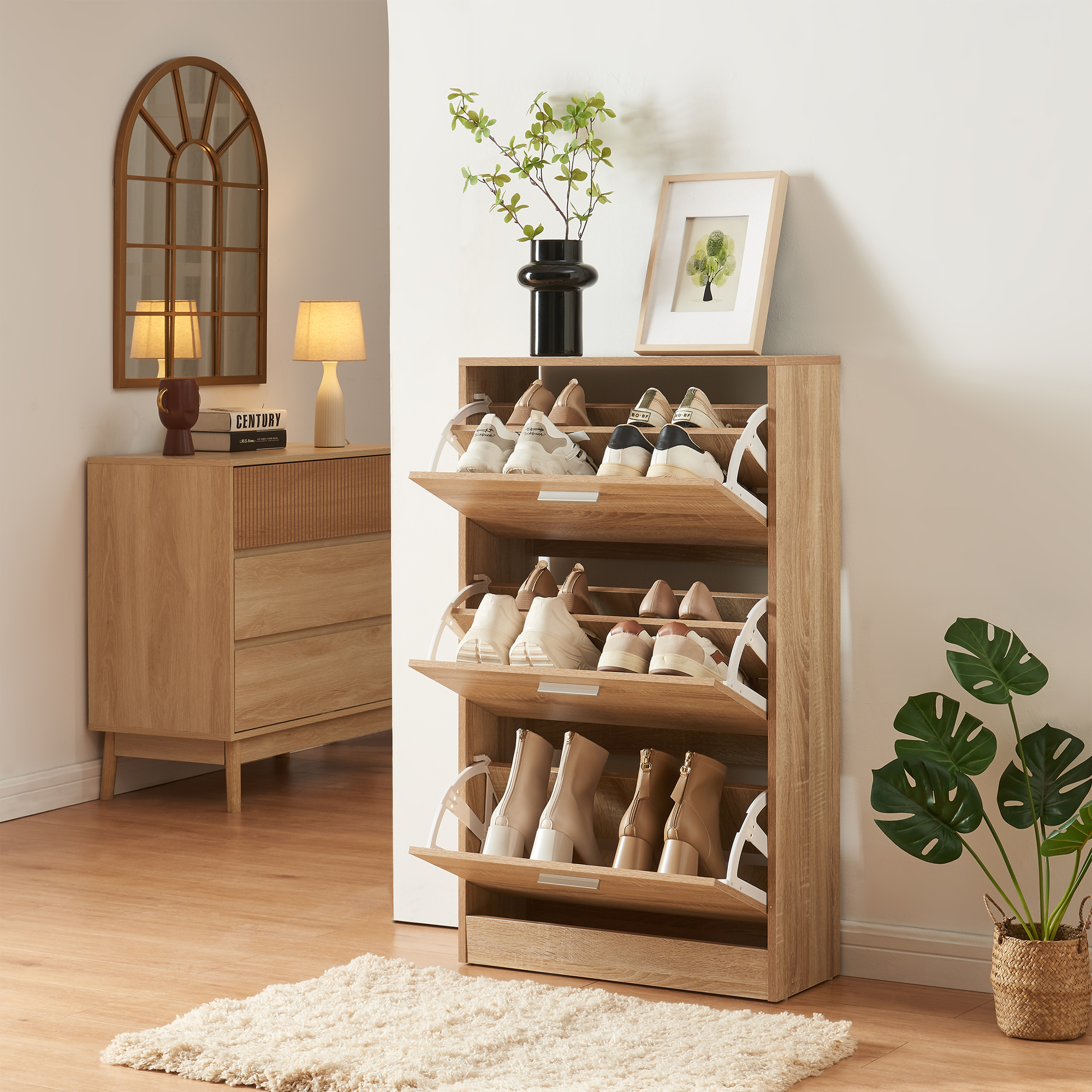 foto del prodotto scarpiera sykkylven con 3 contenitori ribaltabili effetto rovere sonoma en.casa 