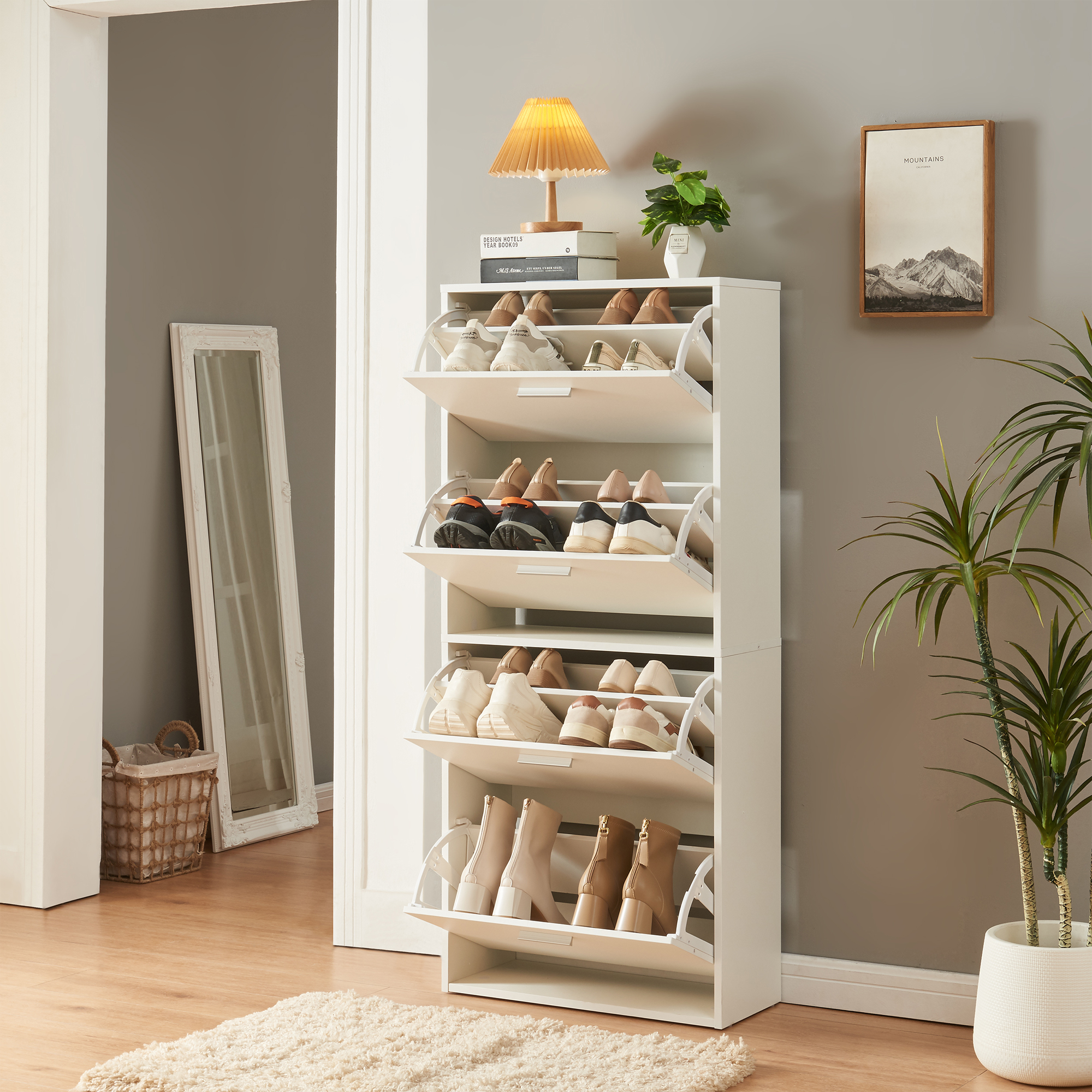 foto del prodotto scarpiera sykkylven con 4 contenitori ribaltabili bianco en.casa 