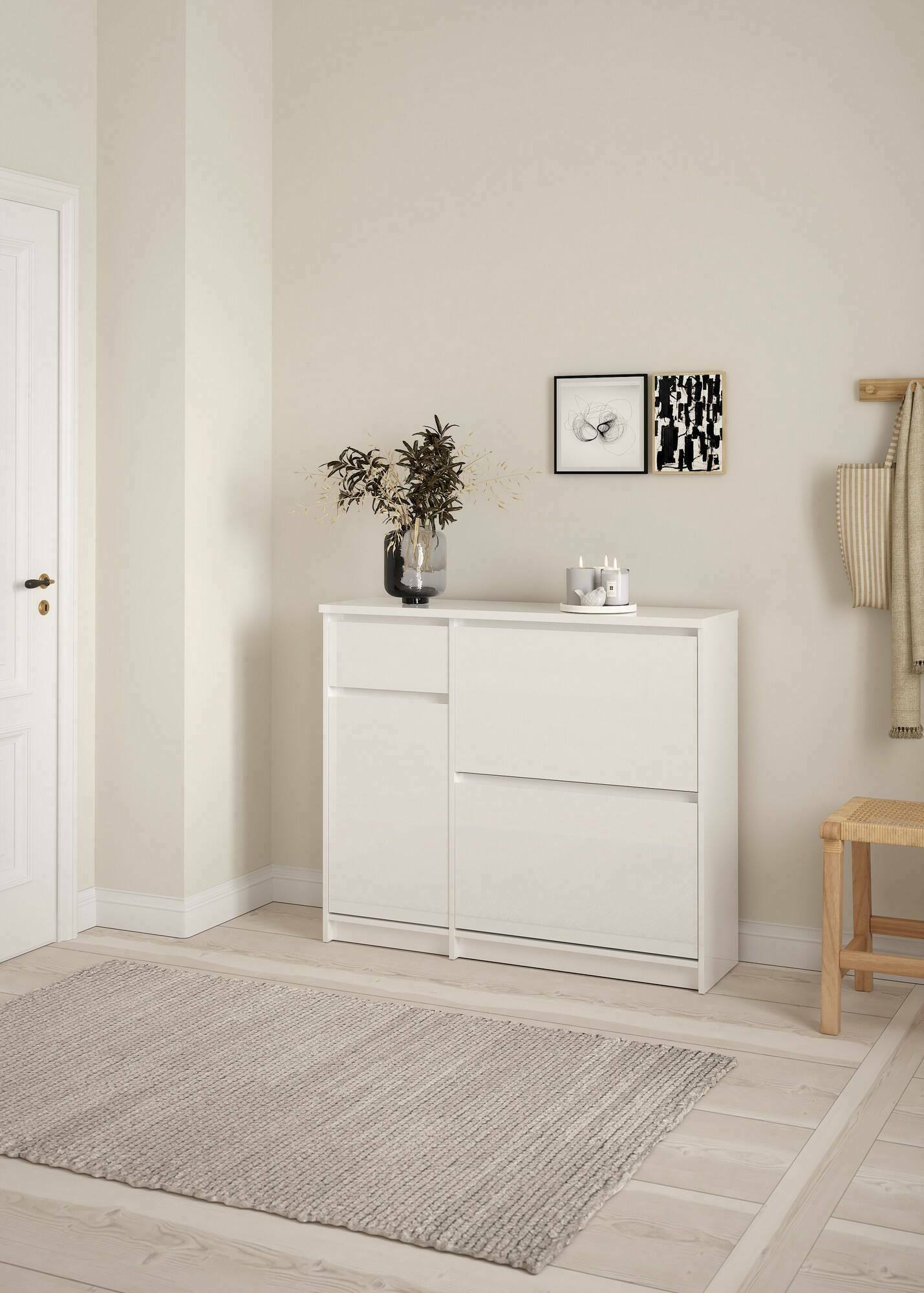 foto del prodotto scarpiera todd, mobile portascarpe, armadio da ingresso multiuso, mobiletto per calzature, 109x32 h93 cm, bianco lucido