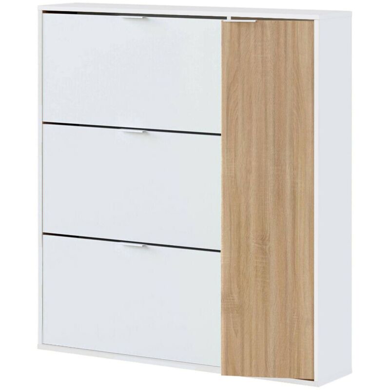 foto del prodotto scarpiera valparaiso, portascarpe salvaspazio a 4 ante, scarpiera da ingresso , armadio scarpiera, 105x24h112 cm, rovere e bianco lucido, con imballo