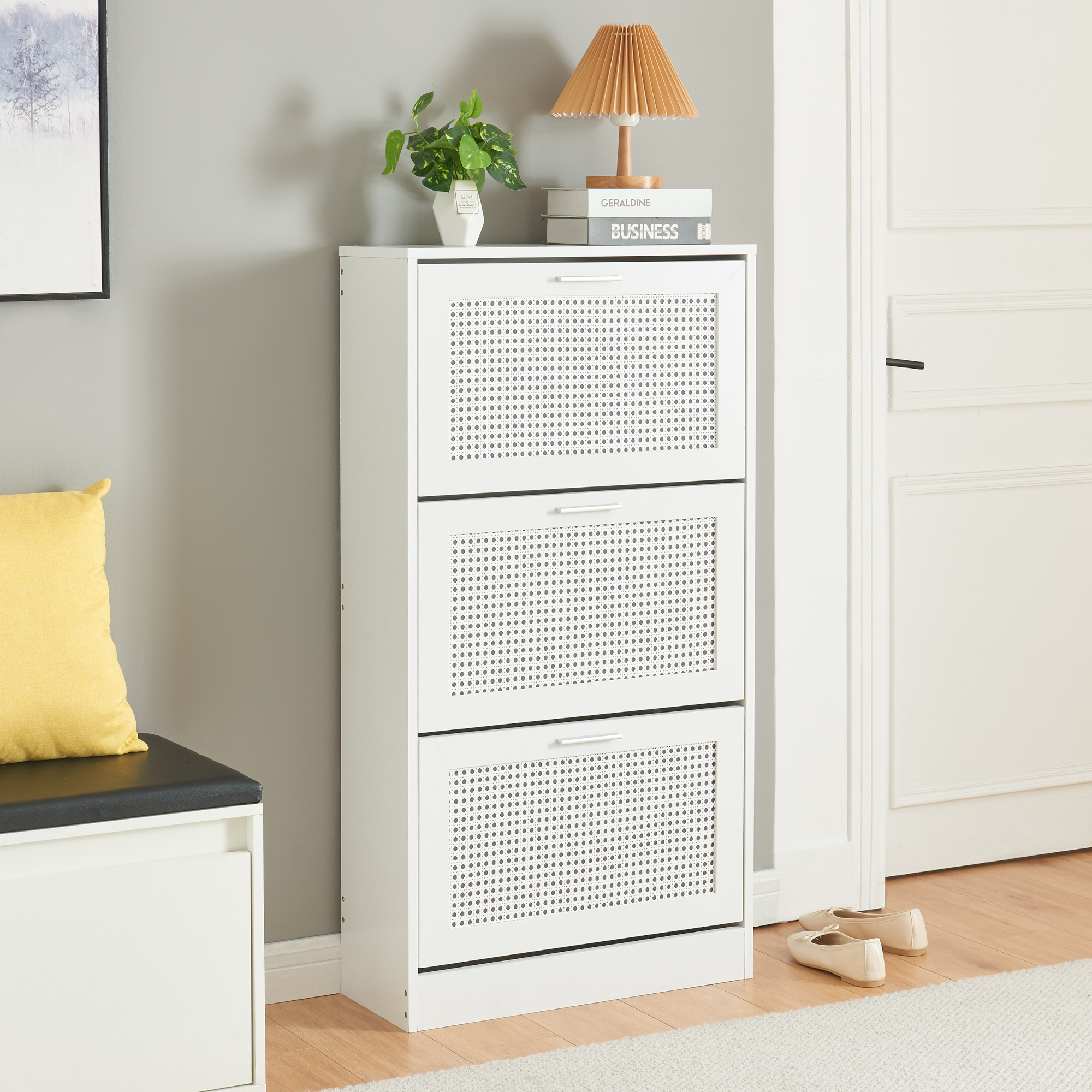 foto del prodotto scarpiera vesilahti a 3 contenitori ribaltabili 115 x 60 x 24 cm effetto rattan bianco en.casa 