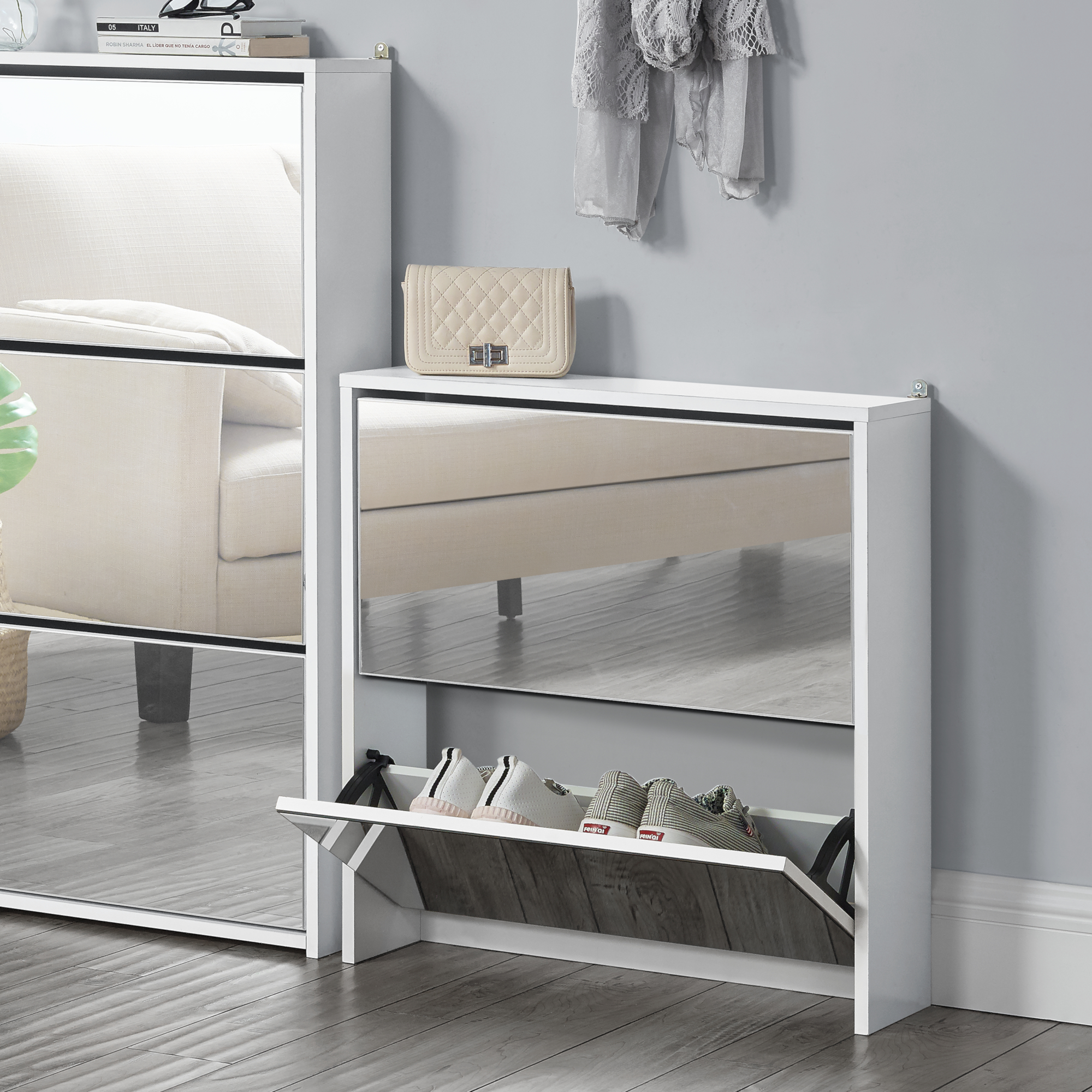 foto del prodotto scarpiera vogar con 2 contenitori ribaltabili mobile portascarpe con ante a specchio 67x63x17 cm bianco en.casa 