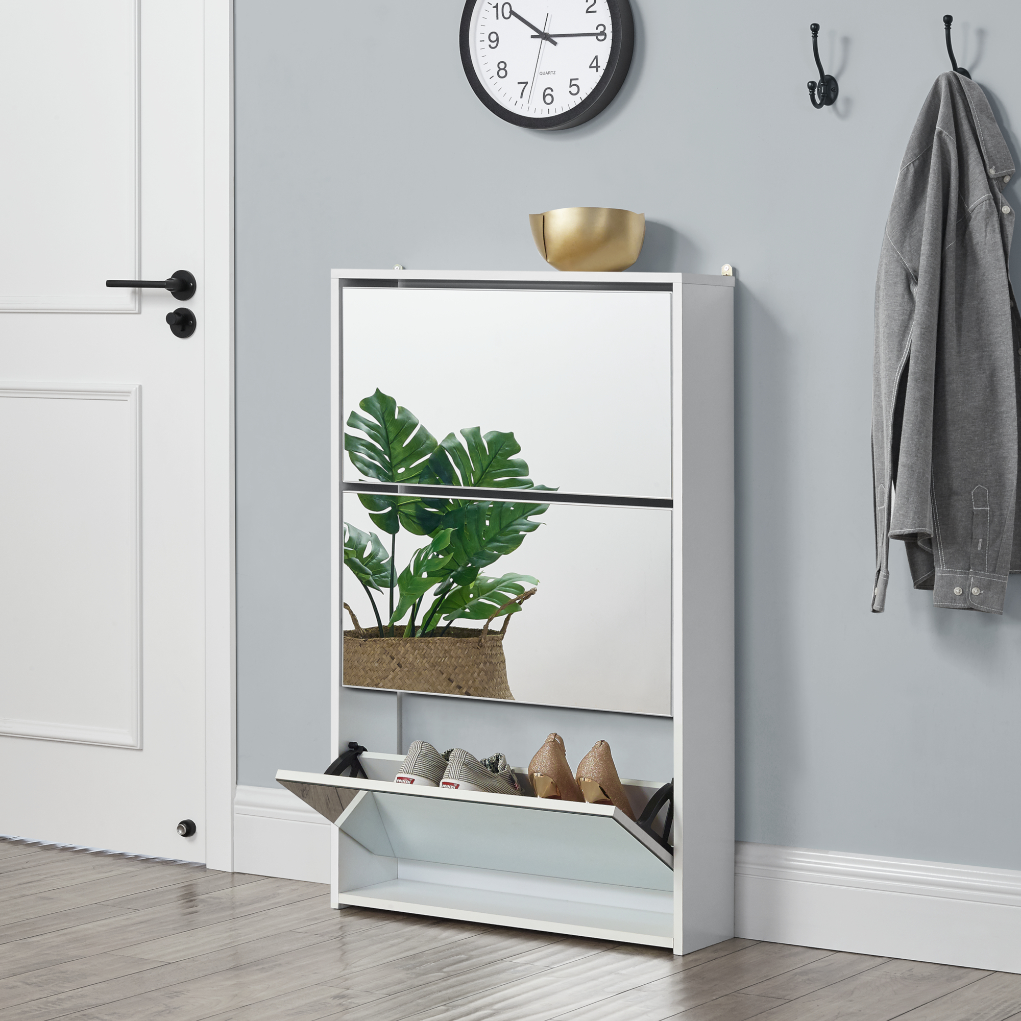 foto del prodotto scarpiera vogar con 3 contenitori ribaltabili mobile portascarpe con ante a specchio 103x63x17 cm bianco en.casa 
