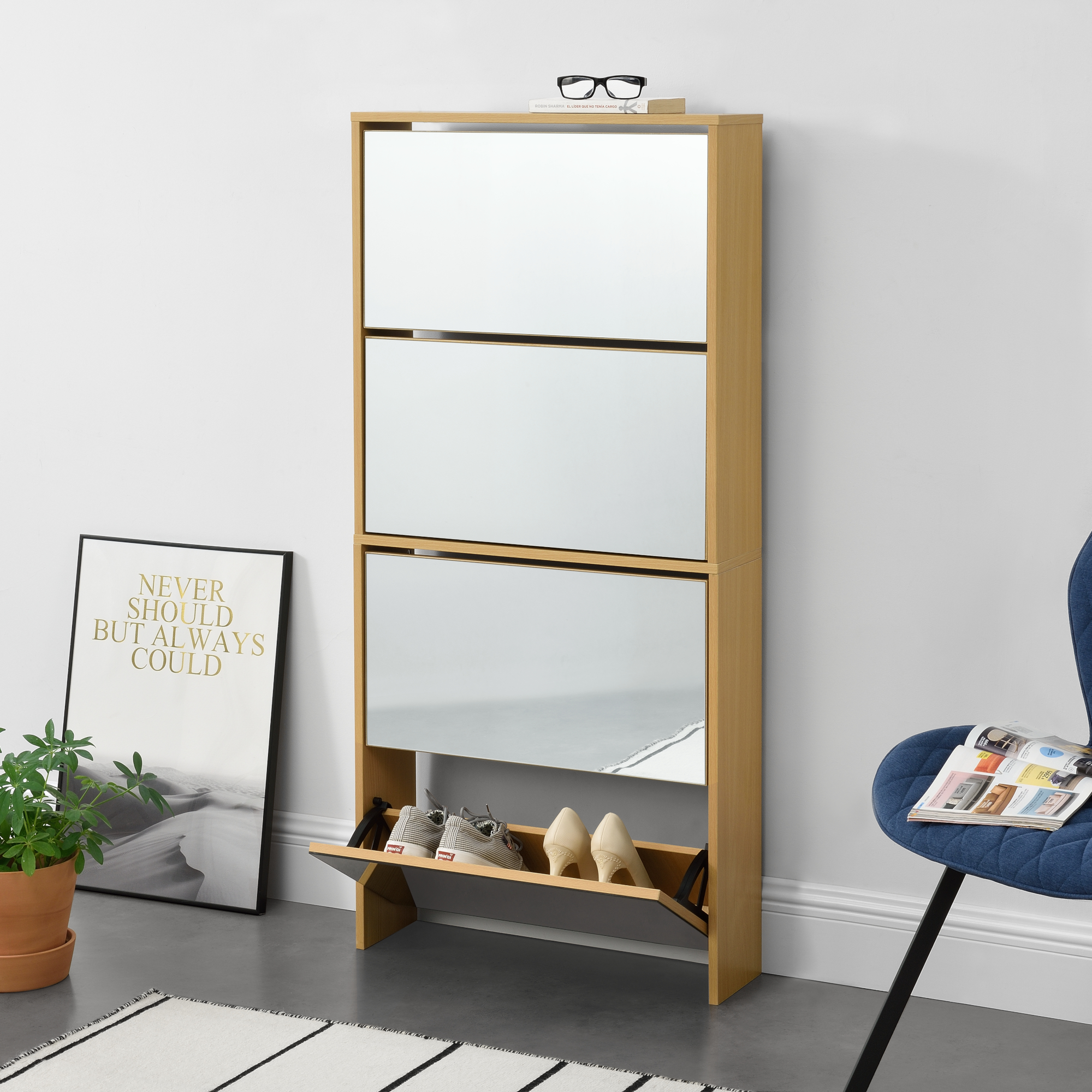 foto del prodotto scarpiera vogar con 4 contenitori ribaltabili mobile portascarpe con ante a specchio 134x63x17 cm effetto faggio