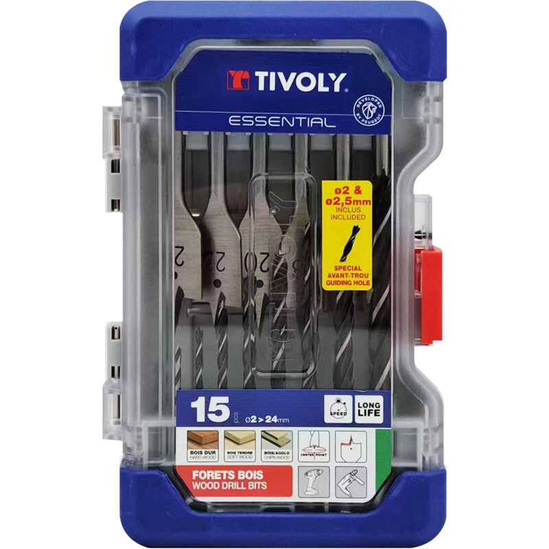 foto del prodotto scatola da 15 pezzi 9 punte per legno a 3 punte da 2 a 10 mm 6 punte per legno piatte da 14 a 24 mm tivoly