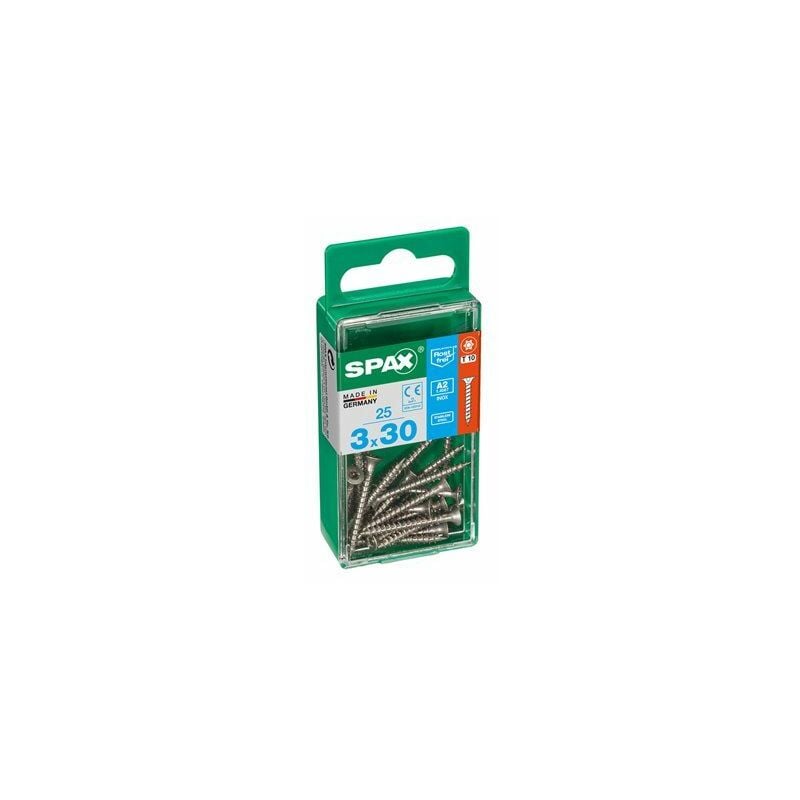 foto del prodotto scatola da 25 unit di viti per legno spax con testa piatta in acciaio inossidabile a2 3,0x30 mm spax