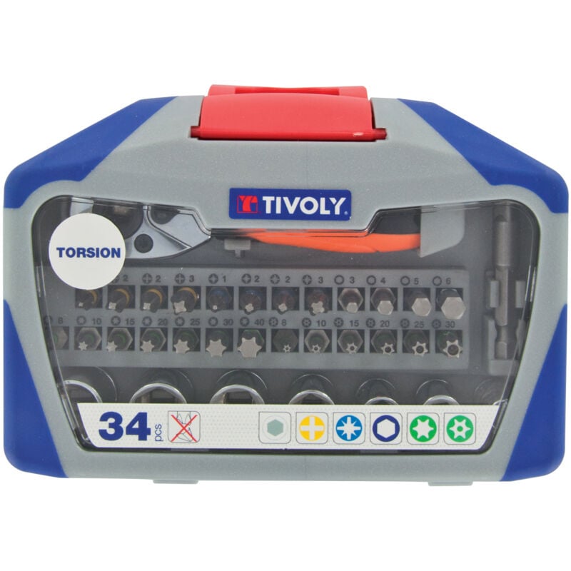 foto del prodotto scatola da 34 pezzi 19 inserti twist 7 bussole 1 porta bussole 1 maniglia di avvitamento tivoly