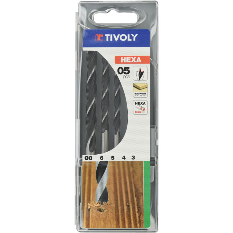foto del prodotto scatola da 5 punte per legno a 3 punte gambo extra hexa 6,35mm contenente 3 4 5 6 8mm tivoly
