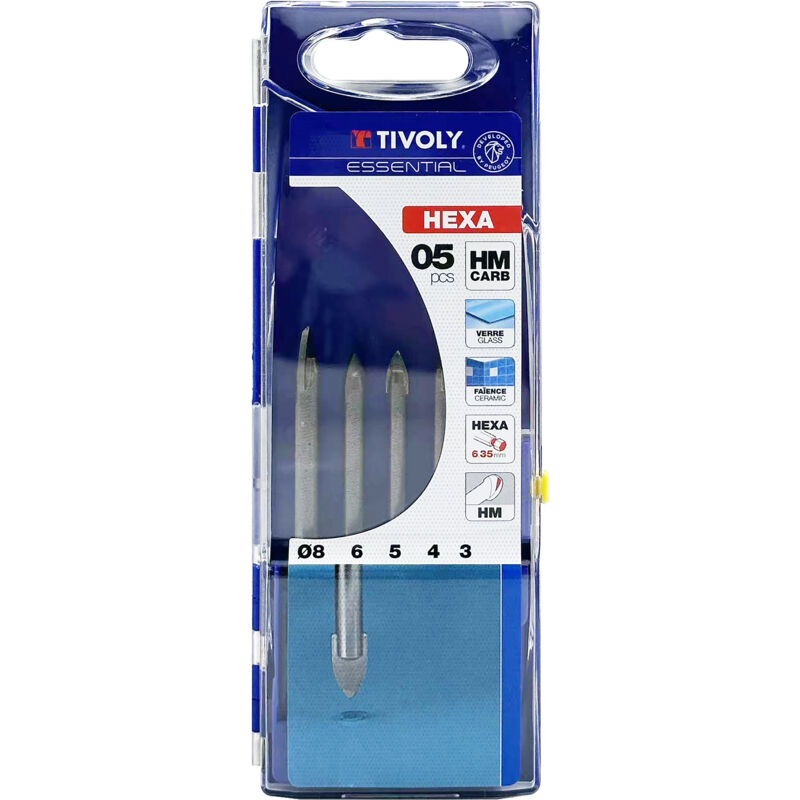 foto del prodotto scatola da 5 punte per trapano technic per vetro, gambo hexa, 3, 4, 5, 6, 8mm tivoly