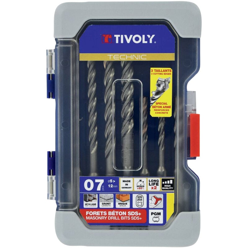 foto del prodotto scatola da 7 punte per calcestruzzo 3 punte autocentranti gambo sds da 5mm a 12mm per forare cemento armato tivoly