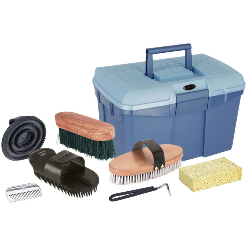 foto del prodotto scatola da toelettatura blu con contenuto per cavalli, spazzole per cavalli, spazzole per criniera, scatola da toelettatura con spazzole, cura del