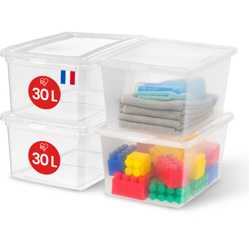 foto del prodotto scatola di plastica multiuso, 30l, lotto di 4, trasparente, chiusura facile, impilabile, per camera da letto, cucina, ufficio, bagno, vestiti,