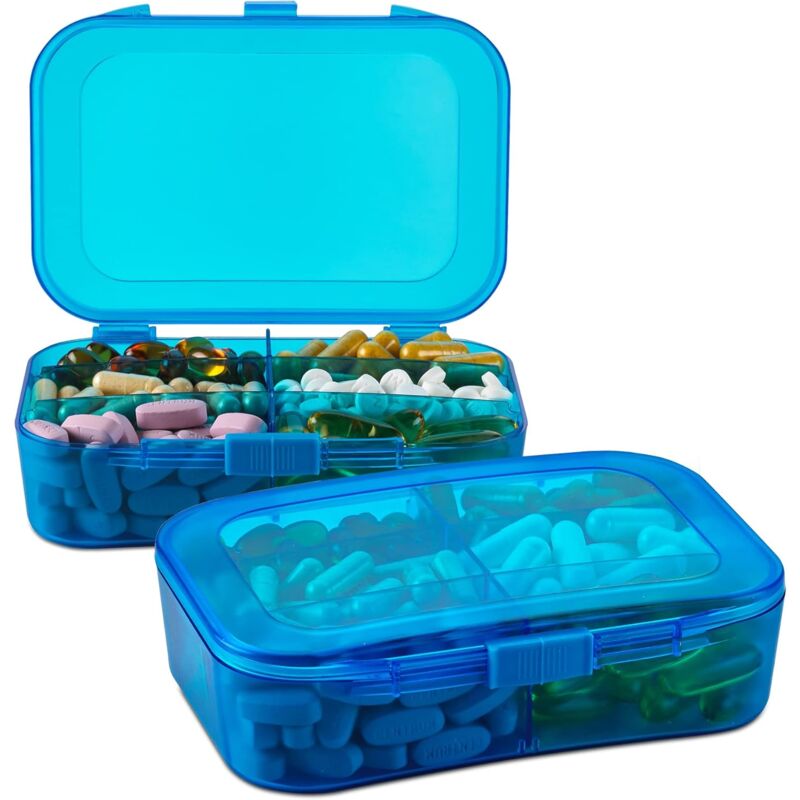 foto del prodotto scatola di promemoria portatile da 2 pezzi con 6 scomparti per pillole, farmaci, integratori, vitamine e oli di pesce, blu sollbry