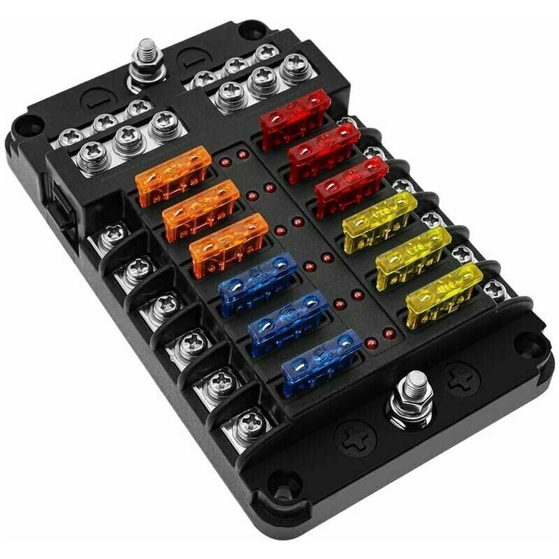 foto del prodotto scatola fusibili 12v a 6 12 vie, blocchi fusibili a lama portafusibili con 16 fusibili 6 indicatori led copertura protettiva per 12v 24v auto barca