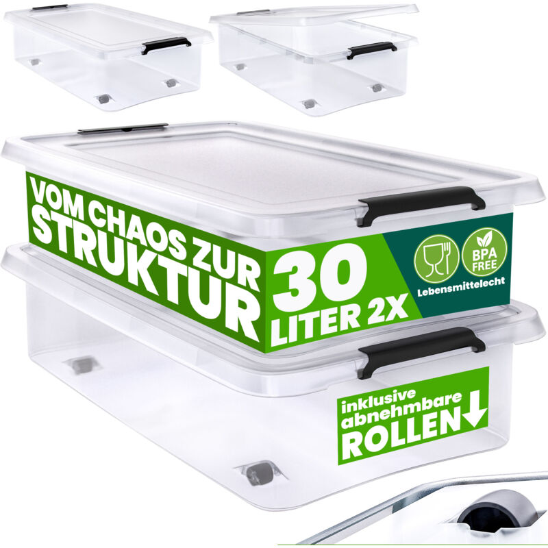 foto del prodotto scatola in plastica contenitore con coperchio impilabile trasparente ruote chiusura a scatto salvaspazio senza bpa 60l 30l 2x 30l de deuba
