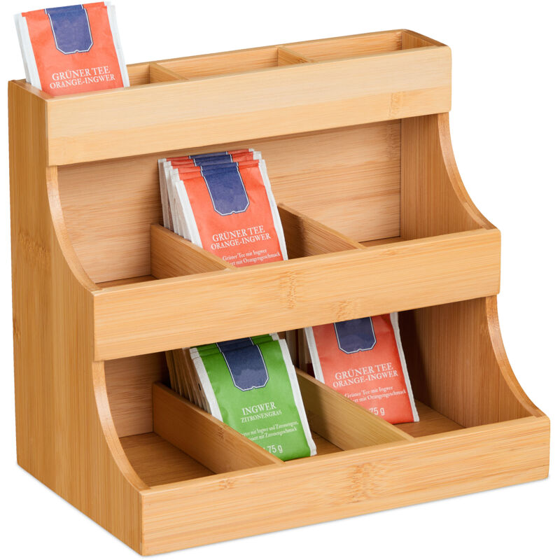 foto del prodotto scatola organizer 9 scomparti porta bustine da t e tisane, hlp 24 x 26 x 17,5 cm, cassetta in bamb , naturale relaxdays