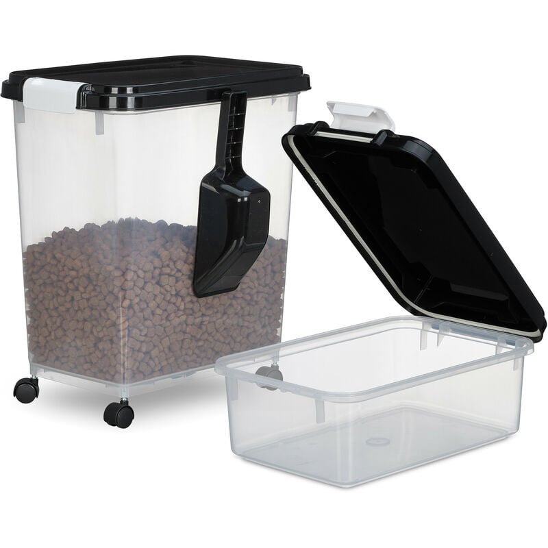 foto del prodotto scatola per crocchette cane, set 2 contenitori cibo animali, 10l e 30l, rotelle e paletta, trasparente nero relaxdays