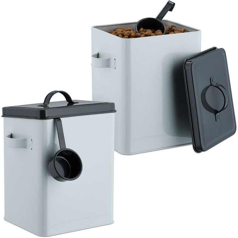 foto del prodotto scatola per crocchette cane, set 2 contenitori cibo gatti, 5,5l, porta mangime con paletta, bianco antracite relaxdays