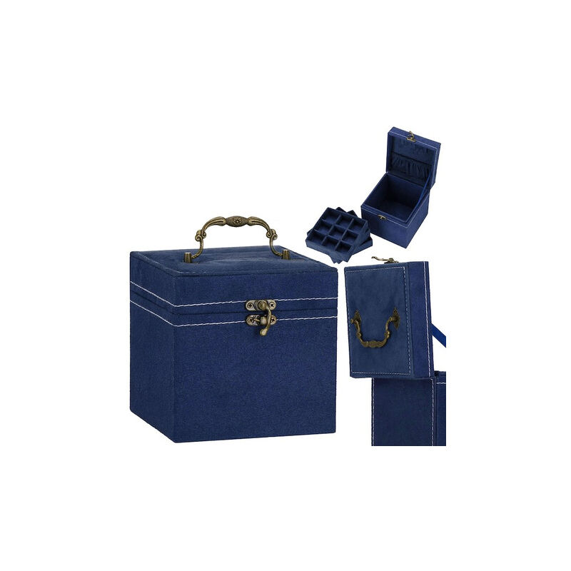 foto del prodotto scatola per gioielli 12x12x12 cm, cofanetto blu scuro con scomparti in velluto.